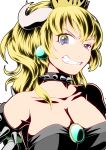  aqua_earrings black_dress blonde_hair blue_eyes bowsette breasts cleavage collar collarbone crown dress earrings grin horns jewelry kumaomega long_hair looking_at_viewer mario_(series) new_super_mario_bros._u_deluxe portrait sharp_teeth simple_background smile solo spiked_armlet spiked_collar spiked_shell spikes strapless strapless_dress super_crown teeth turtle_shell white_background 