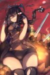  ass_visible_through_thighs azur_lane bat bike_shorts black_hair black_legwear braid capelet chinese_commentary commentary_request feathers fingernails glowing glowing_eyes hair_feathers hands_up highres jack-o'-lantern jacket lips long_hair looking_at_viewer looking_down moon mou_zhi_pingguo native_american night parted_lips red_moon red_sky signature skindentation sky solo south_dakota_(azur_lane) thighhighs thighs turret 