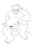  2018 anthro anus balls belly canine cum erection gyobu jinku_56 male mammal moobs nipples overweight overweight_male penis scar simple_background sitting solo tanuki tokyo_afterschool_summoners 