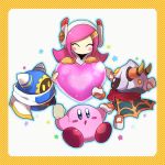  3boys blue_eyes blush_stickers border cape chiimako closed_eyes commentary_request disembodied_limb fangs heart horns kirby kirby:_star_allies kirby_(series) magolor multiple_boys no_mouth pink_hair silver_hair star susie_(kirby) taranza white_eyes yellow_border yellow_eyes 