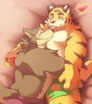  &lt;3 2017 anthro bed belly blush boar_stag144 canine clothing duo feline hug humanoid_hands male mammal overweight overweight_male tiger tongue tongue_out underwear 