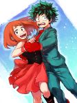  1girl :d bare_shoulders black_dress blush boku_no_hero_academia brown_eyes brown_hair couple dancing dress freckles gloves green_eyes green_hair green_suit hetero hk_(nt) looking_at_viewer messy_hair midoriya_izuku necktie open_mouth pink_dress red_gloves red_neckwear short_hair smile strapless strapless_dress two-tone_dress uraraka_ochako 