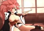  absurdres aikuxa amputee baiken big_hair black_footwear boots breasts breasts_outside cleavage eyepatch facial_tattoo guilty_gear guilty_gear_xrd high_collar high_ponytail highres huge_filesize japanese_clothes kimono looking_at_viewer nipples no_bra obi one-eyed open_clothes open_kimono pink_eyes pink_hair pink_lips pipe samurai sash scar scar_across_eye shouji sitting skull_print sliding_doors smile smoking solo tattoo toeless_boots toes yokozuwari 