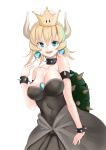  akahara_tyun black_collar black_dress blonde_hair blue_earrings blue_eyes bowsette bracelet breasts cleavage collar collarbone covered_navel dress earrings horns jewelry large_breasts looking_at_viewer mario_(series) medium_hair new_super_mario_bros._u_deluxe open_mouth sharp_teeth simple_background smile solo spiked_armlet spiked_bracelet spiked_collar spiked_shell spikes strapless strapless_dress super_crown teeth turtle_shell upper_body white_background 