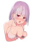  bikini_top blush breasts cellphone collarbone eyebrows_visible_through_hair holding holding_phone large_breasts lavender_hair looking_at_viewer nipples open_mouth phone prpr_friends red_eyes shinjou_akane short_hair simple_background solo ssss.gridman swimsuit upper_body white_background white_bikini_top 