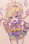  al_bhed_eyes blonde_hair braid breasts commentary_request final_fantasy final_fantasy_x fingerless_gloves gloves goggles green_eyes hair_ornament hairclip open_mouth rikku short_shorts shorts smile solo sunagimo_(nagimo) x_hair_ornament 