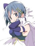  arms_behind_head bare_shoulders blue_eyes blue_hair blush breasts cape eyebrows_visible_through_hair fortissimo fortissimo_hair_ornament gloves hair_ornament hairclip interlocked_fingers ixy looking_at_viewer magical_girl mahou_shoujo_madoka_magica medium_breasts miki_sayaka short_hair simple_background smile solo white_background white_cape white_gloves 