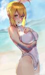  absurdres ahoge arm_under_breasts artoria_pendragon_(all) artoria_pendragon_(lancer) bangs bare_shoulders beach blonde_hair blue_eyes blue_sky blush body_blush braid breasts casual_one-piece_swimsuit cloud covered_navel cowboy_shot day embarrassed fate/grand_order fate_(series) french_braid from_side green_eyes groin hair_between_eyes halterneck hand_on_own_chest highleg highleg_swimsuit highres horizon impossible_clothes impossible_swimsuit large_breasts looking_at_viewer mountainous_horizon ocean one-piece_swimsuit open_mouth outdoors parted_bangs raised_eyebrows rolua sand shore side_cutout sidelocks sideways_glance skin_tight sky solo standing swept_bangs swimsuit thighs water wet wet_hair white_swimsuit 