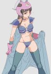  armor ass_visible_through_thighs bangs bikini bikini_armor black_eyes black_hair breasts cape chi-chi_(dragon_ball) dragon_ball dragon_ball_(classic) eyebrows_visible_through_hair eyelashes frown gloves gong_(mgong520) grabbing grey_background helmet highres long_hair looking_at_viewer pink_gloves serious simple_background solo spread_legs standing swimsuit thighhighs 