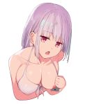  bikini_top breasts cellphone collarbone eyebrows_visible_through_hair holding holding_phone large_breasts lavender_hair looking_at_viewer nipples open_mouth phone prpr_friends red_eyes shinjou_akane short_hair simple_background solo ssss.gridman swimsuit upper_body white_background white_bikini_top 