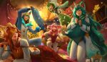  1boy 4girls alternate_costume alternate_hair_color alternate_hairstyle blue_eyes ezreal green_hair hair_over_one_eye league_of_legends lulu_(league_of_legends) luxanna_crownguard magical_girl multiple_girls official_art pajamas pillow pointy_ears sarah_fortune soraka star_guardian_ezreal star_guardian_lulu star_guardian_lux star_guardian_miss_fortune star_guardian_soraka yordle 