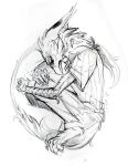  anthro avian clothed clothing curled_up fluffy fluffy_tail greyscale gryphon hindpaw male monochrome paws sketch solo talons wooy 