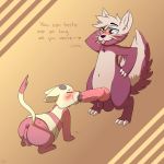  2018 anthro anthro_on_anthro anus balls blush butt claws digital_media_(artwork) domination fellatio feral fur hi_res knot looking_pleasured male male/male mammal mephitid mienfoo mustelid nintendo oral penis pink_fur pok&eacute;mon pok&eacute;mon_(species) precum purple_fur red_eyes saliva sex shiny_pok&eacute;mon stunky sublimeslimefairy submissive_male tan_fur text thomas_whitaker tongue tongue_out video_games whiskers 