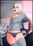  ashe_(overwatch) asymmetrical_hair bare_shoulders bob_(overwatch) breasts downscaled extra_eyes facial_hair grey_legwear grey_sweater hair_over_one_eye lipstick makeup md5_mismatch mustache off-shoulder_sweater omnic overwatch panties red_eyes resized ribbed_legwear ribbed_sweater short_hair small_breasts solo_focus sweater underwear white_hair yuko_maussi 