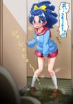  1girl between_legs blue_eyes blue_hair blue_sweater blush bow brown_footwear collarbone embarrassed eyebrows_visible_through_hair fang female flat_chest full_body hair_bow hand_between_legs hand_up have_to_pee indoors japanese_text jpeg_artifacts kirakira_precure_a_la_mode kneehighs long_sleeves matching_hair/eyes mikomo miniskirt nose_blush open_mouth peeing peeing_self pigeon-toed pleated_skirt ponytail precure red_sailor_collar red_skirt sailor_collar school_uniform serafuku shiny shiny_hair shoes skirt solo speech_bubble standing sweat sweater tategami_aoi tears text_focus tied_hair toilet toilet_stall translation_request trembling wet wet_clothes white-shirt white_legwear yellow_bow 