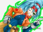  ashe_(rockman) blue_hair blush bodysuit breasts commentary_request cowboy_shot cropped_jacket dojyo5963 dutch_angle gloves green_eyes hair_between_eyes hand_on_hip headband high_ponytail long_hair looking_at_viewer medium_breasts one_eye_closed ponytail rockman rockman_zx rockman_zx_advent salute signature simple_background smile solo teeth two-finger_salute 