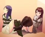  aqua_eyes boots brown_eyes brown_hair commentary_request long_hair multiple_girls purple_hair rope thigh_boots thighhighs uwa~a vibrator 