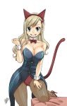  animal_ears artist_name bangs blonde_hair blue_eyes blush bow bowtie breasts cat_ears cat_tail cleavage coat detached_collar earrings eden's_zero fake_animal_ears hair_ornament hairband high_heels jewelry kittysuit large_breasts leotard_under_clothes long_hair mashima_hiro official_art open_mouth pantyhose rebecca_(eden's_zero) signature simple_background sleeveless smile solo strapless swept_bangs tail teeth waistcoat white_background wrist_cuffs 
