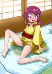  1girl barefoot bedwetting blush constricted_pupils embarrassed eyebrows_visible_through_hair female full_body futon hair_ornament hairclip hugtto!_precure indoors japanese_clothes jpeg_artifacts kimono knee_up looking_at_viewer mikomo nono_kotori nose_blush obi open_mouth panties peed_self pillow pinstripe_pattern precure puddle purple_hair red_eyes sash shiny shiny_hair sitting solo striped sweat tears textless underwear wet wet_clothes wet_panties yellow_kimono 
