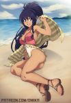  absurdres armpits ass beach blue_eyes blue_hair braid breasts brown_footwear cleavage commentary covered_navel dark_skin day english_commentary fire_emblem fire_emblem:_seima_no_kouseki fire_emblem_heroes full_body highleg highleg_swimsuit highres long_hair lying medium_breasts o-ring ocean on_side open_mouth patreon_username ponytail sandals side_braids smile solo spike_wible strap_gap swimsuit tan tana toenail_polish toes towel twin_braids 