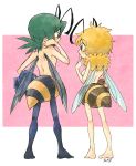  2girls antennae barefoot bee_girl blonde_hair breasts female from_behind green_hair insect_girl insect_wings monster_girl multiple_girls nude original sachy_(sachichy) small_breasts topless wings 