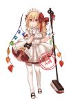  absurdres alternate_costume apron bangs black_bow black_footwear blonde_hair blood blouse blush bow broom commentary commission crystal drill_hair english_commentary enmaided eyebrows_visible_through_hair flandre_scarlet full_body gloves grin hair_between_eyes hair_bow hands_up highres holding holding_broom laevatein long_hair looking_up maid maid_apron maid_headdress mary_janes no_hat no_headwear one_side_up pantyhose petticoat puffy_short_sleeves puffy_sleeves red_bow red_eyes red_skirt shan shoes short_sleeves simple_background skirt slit_pupils smile solo standing touhou white_apron white_background white_blouse white_gloves white_legwear wings yellow_bow 
