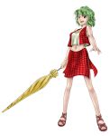  adapted_costume alternate_footwear bare_legs commentary_request green_hair highres kazami_yuuka looking_at_viewer maryshia midriff red_eyes sandals sleeveless smile solo standing touhou transparent_background umbrella 