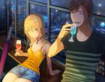  1girl blonde_hair blue_eyes blue_shorts blush breasts brown_hair building cityscape closed_eyes contemporary cup denim drink elf gem hair_between_eyes highres holding holding_cup indoors kururi mujintou_de_elf_to_kyoudou_seikatsu official_art pointy_ears shirt short_shorts shorts sitting skyscraper small_breasts smile striped striped_shirt sword t-shirt weapon window 