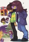  androgynous arm_around_shoulder brown_hair buck_teeth chalk christmas_lights claws commentary_request deltarune denim fangs hair_over_eyes hair_over_one_eye honzumaru jacket jeans kris_(deltarune) lancer_(deltarune) medium_hair monster_girl multiple_girls noelle_(deltarune) pants purple_skin ralsei sharp_teeth smile susie_(deltarune) sweater teeth tomboy torn_clothes torn_pants walking 