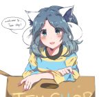  :3 animal_ears bangs blush box caramell0501 cardboard_box cat_ears dog_ears english green_eyes grey_hair leaning_forward looking_at_viewer open_mouth personification shirt shop sidelocks simple_background solo striped striped_shirt temmie undertale white_background 