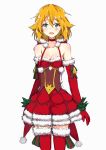  blue_eyes christmas_dress christmas_stocking dress elbow_gloves gloves highres looking_at_viewer orange_hair p.k.f philia_(sao) simple_background smile solo sword_art_online thighhighs white_background 