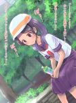  black_hair blue_skirt bottle commentary_request crying crying_with_eyes_open day helmet highres ishii_(isuwie) long_hair original outdoors purple_eyes school_uniform serafuku shirt sitting sitting_on_wall skirt solo tears translated tree twintails wall white_shirt 