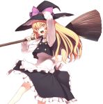  :d apron arm_up bangs black_hat black_skirt black_vest blonde_hair bow braid broom commentary_request eyebrows_visible_through_hair feet_out_of_frame frilled_apron frills hair_between_eyes hair_bow hat hat_bow holding holding_broom kaiza_(rider000) kirisame_marisa long_hair long_sleeves looking_at_viewer open_mouth petticoat pointing pointing_at_self purple_bow shirt single_braid skirt skirt_set smile solo touhou transparent_background vest waist_apron white_apron white_shirt yellow_eyes 