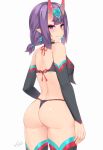  ass bangs blue_earrings closed_mouth earrings eyebrows_visible_through_hair fate/grand_order fate_(series) from_behind heart heart-shaped_pupils highres horns jewelry kuavera looking_at_viewer looking_back oni oni_horns pointy_ears purple_eyes purple_hair short_hair shuten_douji_(fate/grand_order) shuten_douji_(halloween)_(fate) signature simple_background smile solo symbol-shaped_pupils thighhighs thong white_background 