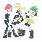  anklet bike_shorts black_shirt blonde_hair domino_mask green_hair inkling jewelry male_focus mask midriff multiple_boys noii octoling pink_eyes pointy_ears ponytail red_hair shirt splatoon_(series) splatoon_2 splatoon_2:_octo_expansion squidbeak_splatoon tentacle_hair yellow_coat 