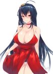  ahoge azur_lane black_hair breasts choker cleavage dress eyebrows_visible_through_hair hair_between_eyes hair_ornament huge_breasts kuavera looking_at_viewer red_choker red_dress red_eyes signature simple_background sketch smile solo taihou_(azur_lane) thigh_gap white_background 