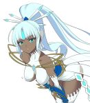  blue_eyes blue_hair blush breasts dark_skin dolling60883582 large_breasts long_hair looking_at_viewer polearm ponytail simple_background smile solo tokiha_(xenoblade) weapon white_background white_hair xenoblade_(series) xenoblade_2 