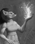  2018 anthro black_hair black_nose breasts canine claws clothed clothing digital_drawing_(artwork) digital_media_(artwork) female fire fur greyscale hair magic mammal monochrome simple_background smile solo standing tall_lizzard_(artist) video_games warcraft were werewolf wolf worgen 