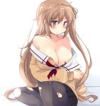 black_skirt blush breasts brown_eyes cardigan cleavage closed_mouth collarbone embarrassed eyebrows_visible_through_hair hirune_(konekonelkk) kantai_collection large_breasts light_brown_hair long_hair long_sleeves looking_down murasame_(kantai_collection) open_clothes pantyhose simple_background sitting skirt solo striped striped_skirt torn_clothes torn_legwear twintails very_long_hair white_background 