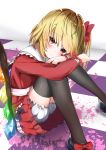  absurdres adapted_costume ambiguous_red_liquid bangs black_bow black_footwear black_legwear blonde_hair bloomers blush bow checkered checkered_floor closed_mouth crystal eyebrows_visible_through_hair flandre_scarlet frills garaudon hair_ribbon head_rest head_tilt highres knees_up long_sleeves looking_at_viewer miniskirt one_side_up red_bow red_eyes red_ribbon red_shirt red_skirt ribbon ringed_eyes sash shirt shoe_bow shoes sitting skirt skirt_set solo thighhighs touhou underwear white_background wings 