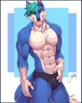  2018 5_fingers abs biceps blue_background blue_eyes blue_fur blue_hair blue_skin bulge canine clothing eyebrows feralise fox fur gloves_(marking) hair hybrid looking_at_viewer male mammal markings multicolored_fur multicolored_skin muscular muscular_male muscular_thighs pecs simple_background smile standing two_tone_fur two_tone_skin underwear white_fur white_skin wolf 