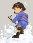  annoying_dog bob_cut brown_hair closed_eyes dog flying_sweatdrops frisk_(undertale) grey_background highres kinobou running shorts simple_background snow stick sweater undertale 