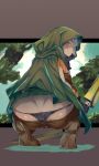  1girl ass boots bow cameltoe cloak collagen dragon&#039;s_crown elf_(dragon&#039;s_crown) forest g-string gloves hood looking_back nature sky squat thong trees wedgie white_hair yellow_eyes 
