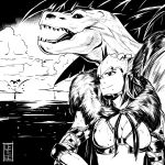  absurdres anjanath anjanath_(armor) armor breasts cete_(controllingtime) greyscale highres mole mole_under_mouth monochrome monster_hunter monster_hunter:_world solo 