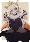  absurdres bare_shoulders black_collar black_dress black_nails blonde_hair blue_earrings bowsette bracelet breasts claw_pose cleavage collar collarbone crown dress earrings eyebrows_visible_through_hair fingernails hair_between_eyes hands_up highres horns jewelry large_breasts looking_at_viewer mario_(series) nail_polish new_super_mario_bros._u_deluxe open_mouth pointy_ears sharp_fingernails sharp_teeth smile solo spiked_armlet spiked_bracelet spiked_collar spiked_shell spikes strapless strapless_dress super_crown tail teeth turtle_shell upper_body watchi 