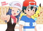  1bo 1girl :3 arm_up bangs bare_shoulders baseball-cap beanie black_hair black_shirt blue_eyes blue_hair blue_shirt breasts brown_eyes candy creatures_(company) eating english_text food game_freak gen_1_pokemon hair_between_eyes hair_ornament hairclip hand_up hat heart hikari_(pokemon) holding_arm koudzuki_(reshika213) long_hair looking_at_another looking_at_viewer nintendo one_eye_closed open_mouth orange_background outstretched_arm pikachu poke_ball_theme pokemon pokemon_(anime) pokemon_(creature) pokemon_dppt_(anime) pokemon_on_shoulder pokemon_sm_(anime) red_hat red_scarf satoshi_(pokemon) scarf shiny shiny_hair shirt short_hair short_sleeves sleeveless sleeveless_shirt small_breasts smile striped striped_shirt teeth tied_hair upper_body v watermark white_hat wink 
