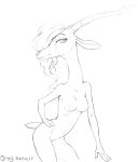  3_fingers antelope anthro black_and_white breasts disney female front_view gazelle gazelle_(zootopia) hair hand_on_hip horn leaning leaning_forward looking_at_viewer mammal monochrome nipples nude portrait pose qrog simple_background sketch skinny snout solo standing three-quarter_portrait white_background zootopia 