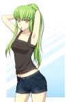  armpits arms_up black_shirt blue_shorts c.c. code_geass collar contrapposto eyebrows_visible_through_hair green_hair hands_in_hair high_ponytail highres long_hair midriff mouth_hold setu_kurokawa shiny shiny_hair shirt short_shorts shorts sleeveless sleeveless_shirt solo standing stomach tying_hair very_long_hair white_background yellow_eyes 