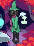 2018 3_toes anthro armor black_fur blue_hair blue_skin blush caprine clothing conditional_dnp deltarune desperation dialogue digital_media_(artwork) duo english_text eyewear foliage foreshortening forest fur glasses goat grass green_hat green_robe grumpyvulpix hair hat human knock-kneed kris_(deltarune) looking_aside male mammal motion_lines outside pauldron plant ralsei red_scarf robe scarf shrub solo_focus speech_bubble standing text toes tree video_games watermark witch_hat 
