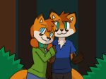  2018 5_fingers anthro anthro_on_anthro blue_bottomwear blue_clothing blue_eyes blue_topwear brother canine chest_tuft clothing collar countershade_face countershading cub digital_media_(artwork) dipstick_tail female fox fur gloves_(marking) green_clothing green_topwear hair head_tuft humanoid_hands long_hair looking_at_viewer male mammal markings multicolored_tail orange_fur outside pigtails plant romantic_couple samkin samkin_(character) sandra_(samkin) shirt shrub sibling sister standing t-shirt tree tuft white_countershading white_fur young 